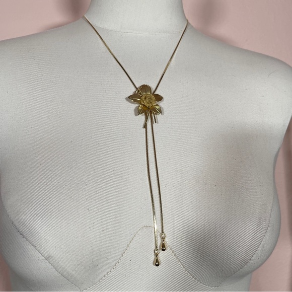 Vintage Floral Gold Tone Spring Deco Preppy Flower Adjustable Lariat Necklace - Picture 10 of 10